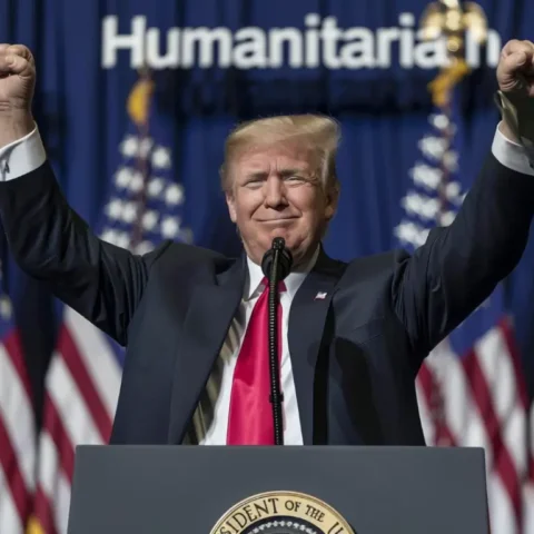 Donald trump giving a speech in front of a united states people