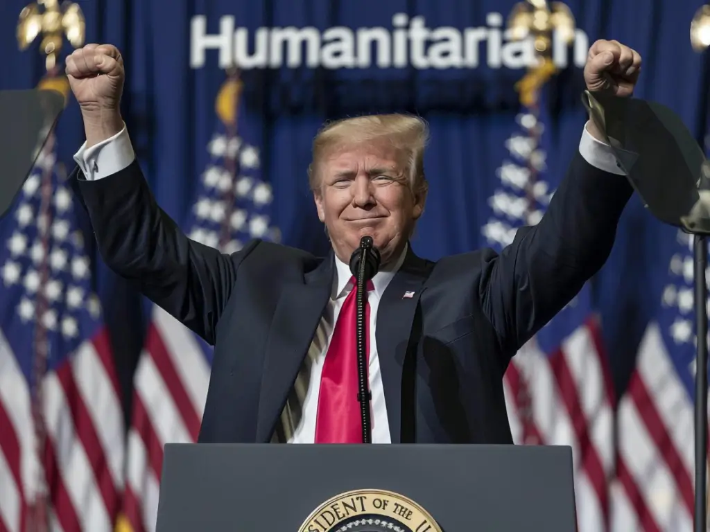 Donald trump giving a speech in front of a united states people