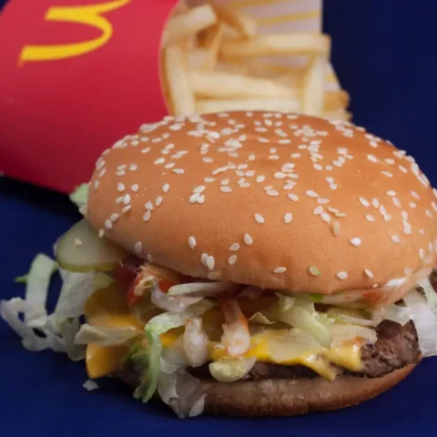 Quarter pounder with cheese, fries, and a drink arranged at a McDonald's in California