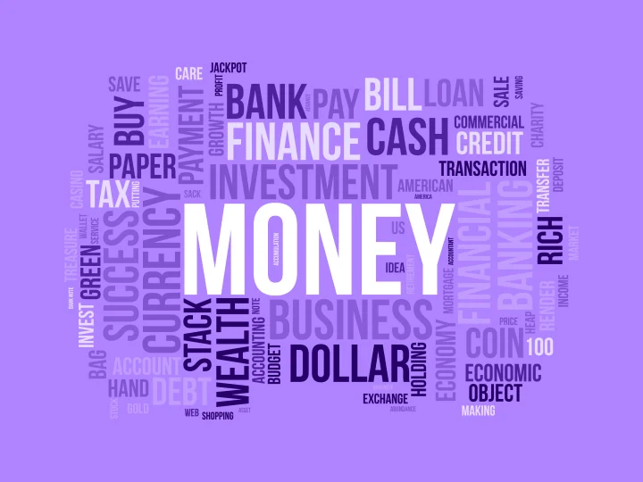 Money and finance word cloud on a purple background.