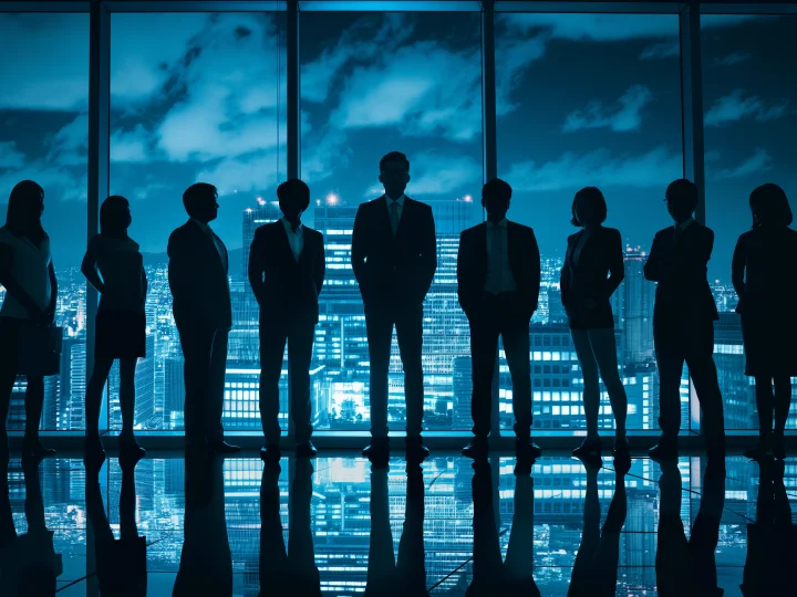 about Business team silhouette against city skyline at night.