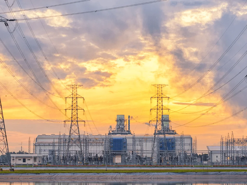 high voltage electricity tower in row