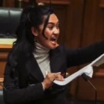 Hana-Rawhiti Maipi-Clarke performing the haka in New Zealand parliament