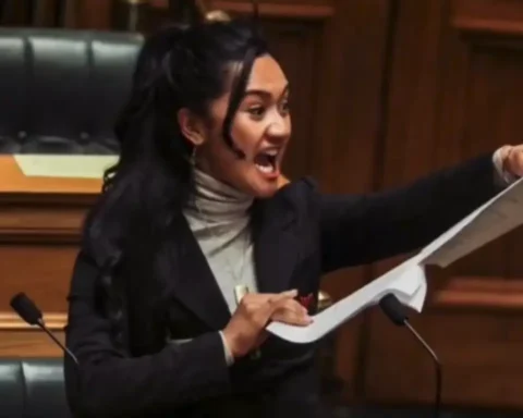 Hana-Rawhiti Maipi-Clarke performing the haka in New Zealand parliament