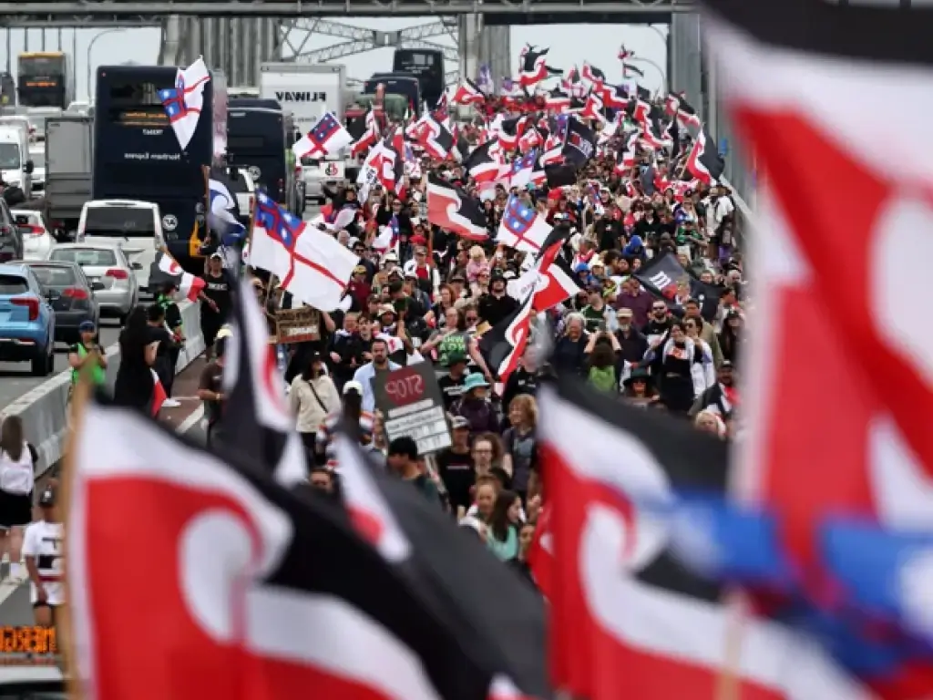 Hikoi participants cross the Auckland Harbour Bridge to Protest Māori Rights Bill