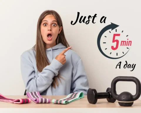 a woman sitting at the table and suggesting just 5 extra minutes of exercise a day