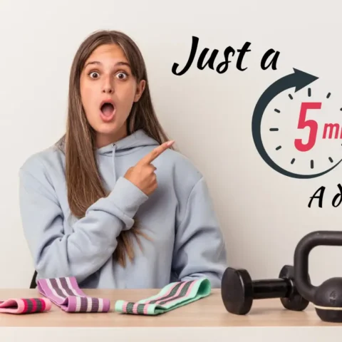 a woman sitting at the table and suggesting just 5 extra minutes of exercise a day