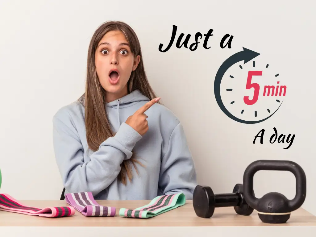 a woman sitting at the table and suggesting just 5 extra minutes of exercise a day