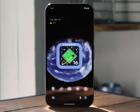 A smartphone displaying the Android 16 Developer Preview home screen with a futuristic app icon and Earth-themed wallpaper