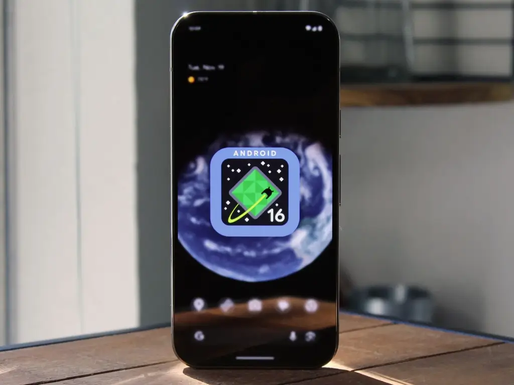 A smartphone displaying the Android 16 Developer Preview home screen with a futuristic app icon and Earth-themed wallpaper