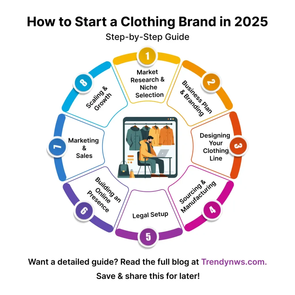 A step-by-step infographic on how to start a clothing brand in 2025, featuring key stages like market research, branding, marketing, and more.